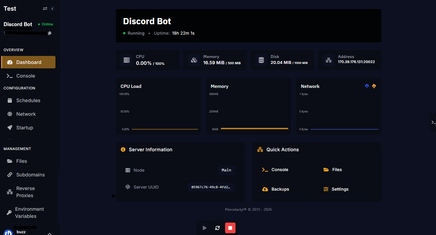 Pterodactyl control panel preview