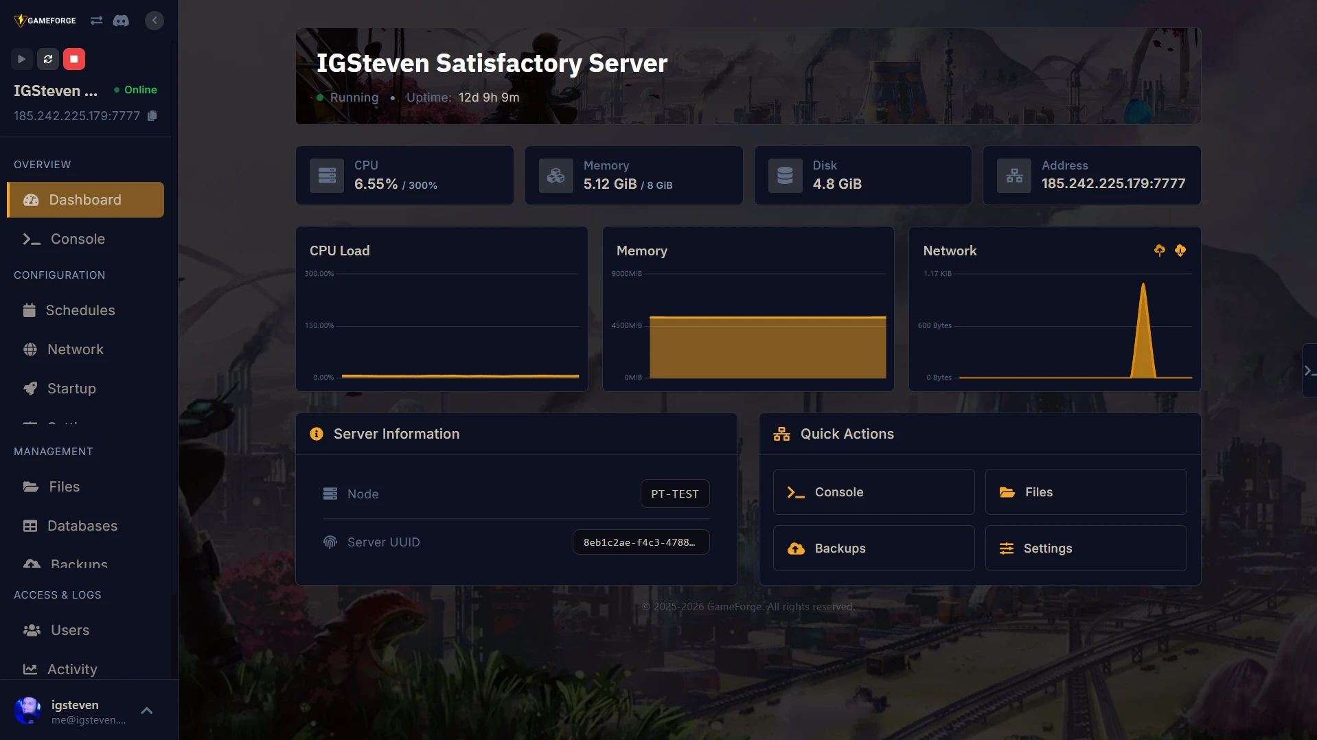 Pterodactyl control panel preview